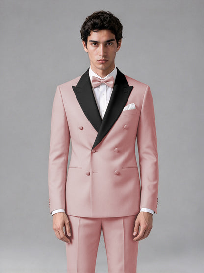 Men's Pink Double-Breasted Satin Peak Lapel Tuxedo Suit Set (Jacket + Trousers) - Pink