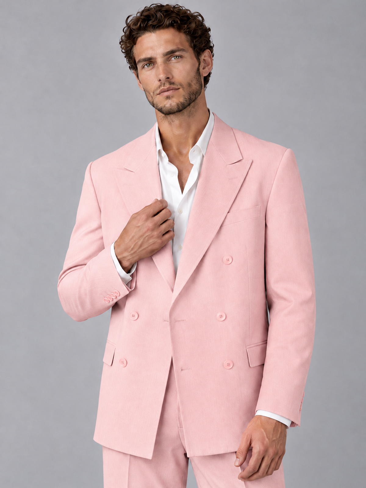 Savile Pink Beige Double-Breasted 2-Piece Suit with Peak Lapel - Pink
