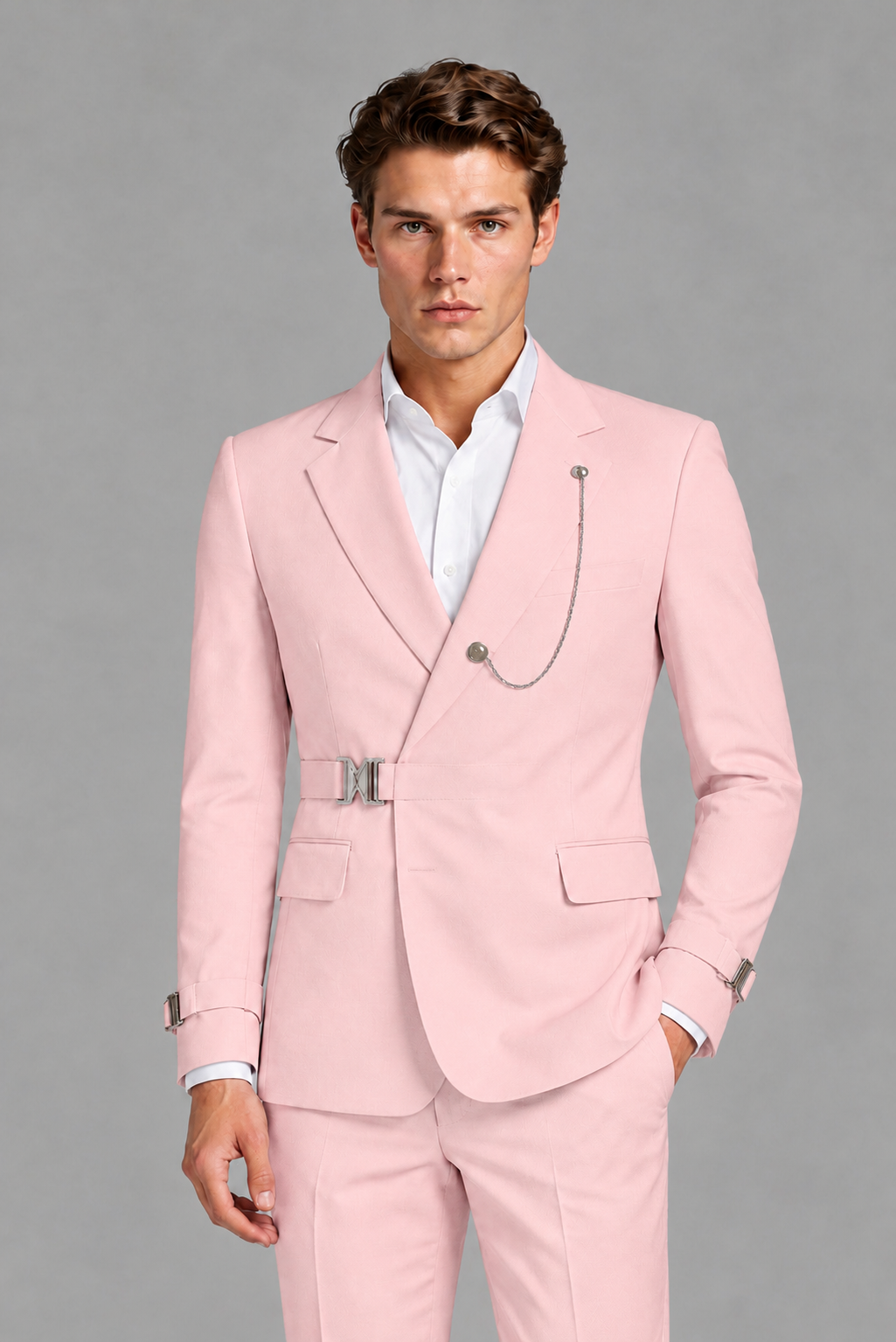 Savile Men's Pink Buckle-Closure 2-Piece Suit Set | Peak Lapel Blazer & Trousers - Pink
