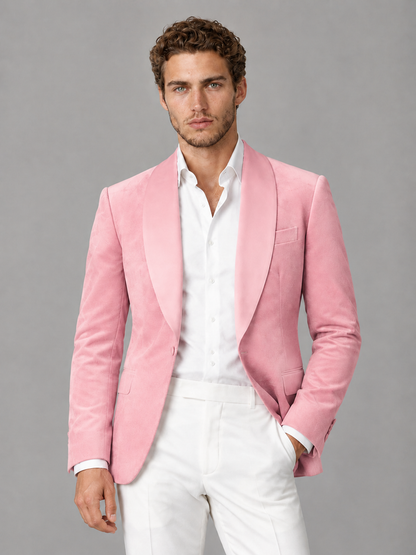 Savile Men's Pink Velvet Shawl Lapel 2-Piece Tuxedo Suit Set | Jacket & White Trousers - Pink - Pink (1)