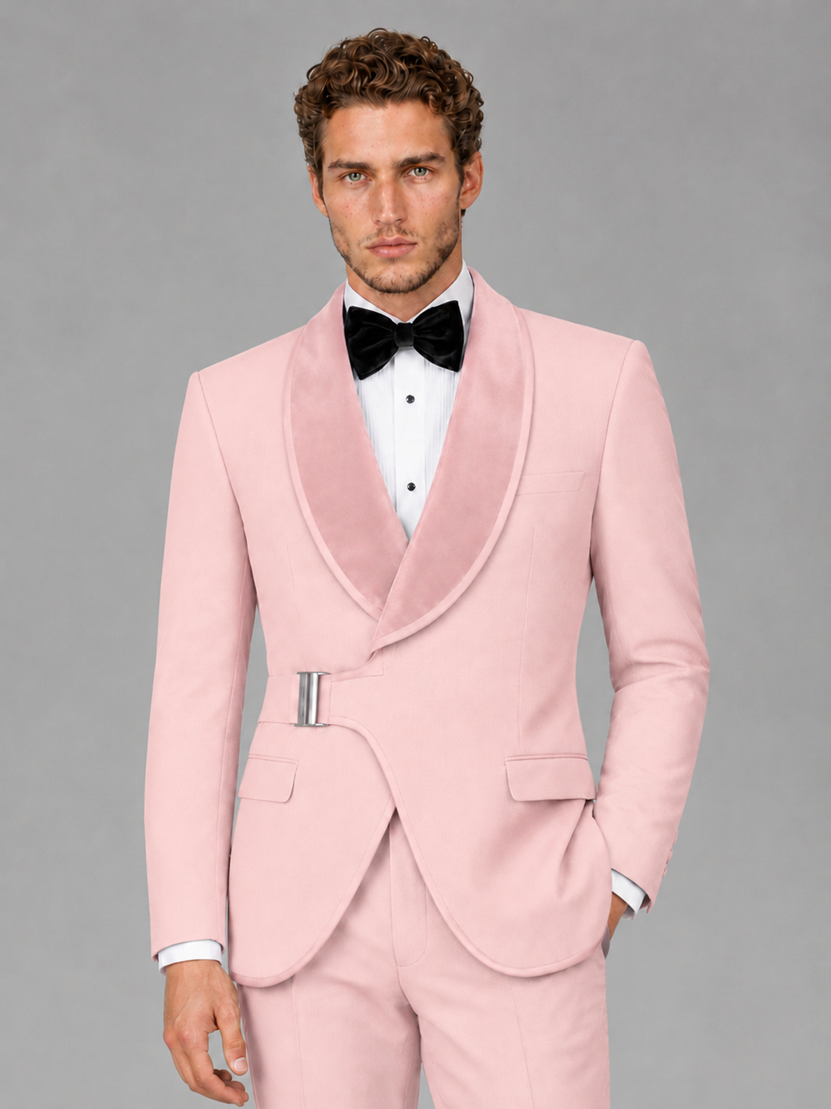 Savile Men's Pink Velvet Shawl Lapel Tuxedo Suit – Modern Side-Buckle Dinner Jacket & Trousers 2-Piece Set - Pink