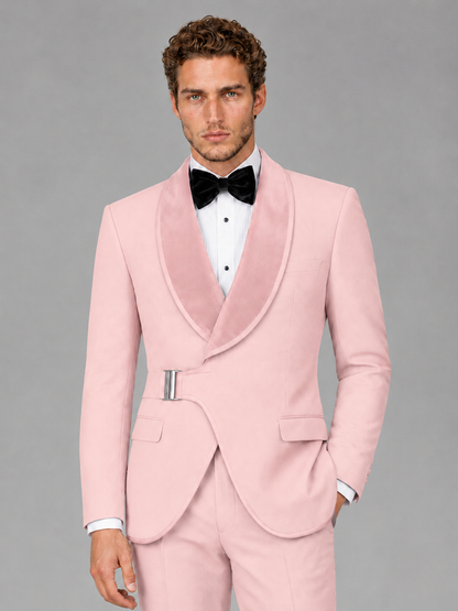 Savile Men's Pink Velvet Shawl Lapel Tuxedo Suit – Modern Side-Buckle Dinner Jacket & Trousers 2-Piece Set - Pink