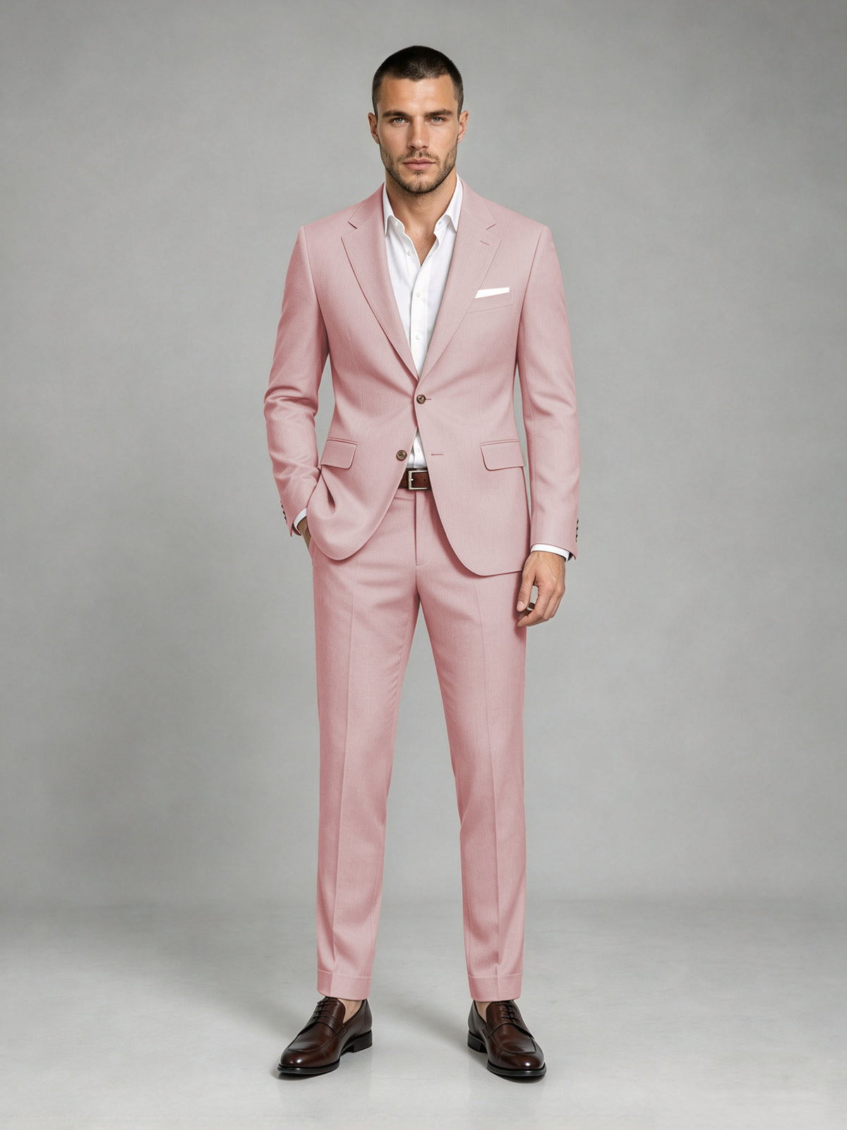 Savile Men's Dark Pink Wool-Blend 2-Piece Suit Set – Two-Button Notch Lapel Slim-Fit Blazer & Turn-Up Trousers - Pink