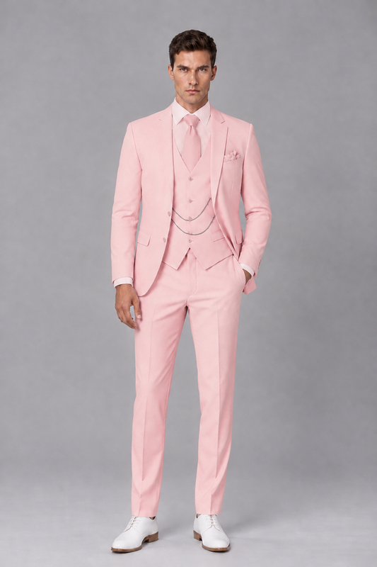 Savile Pink 3-Piece Suit with Notch Lapel & Chain Vest - Pink