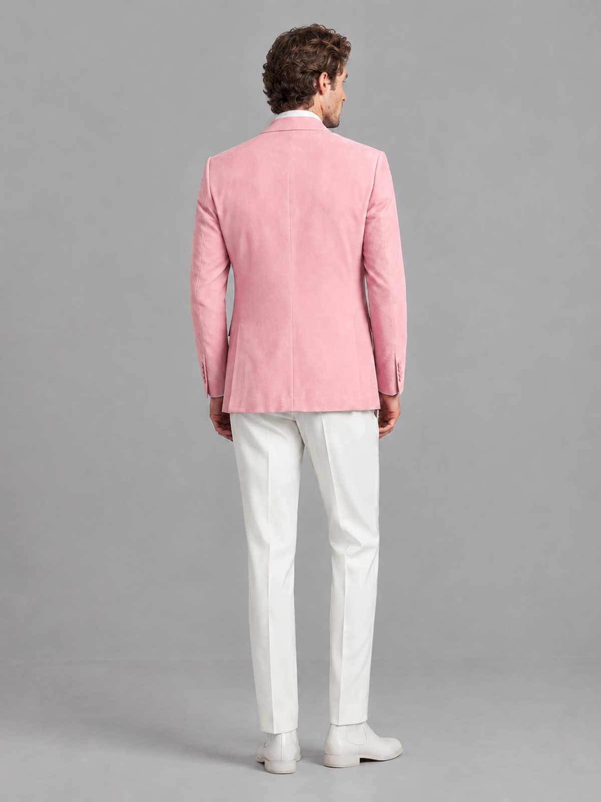 Savile Men's Pink Velvet Shawl Lapel 2-Piece Tuxedo Suit Set | Jacket & White Trousers - Pink - Pink (2)