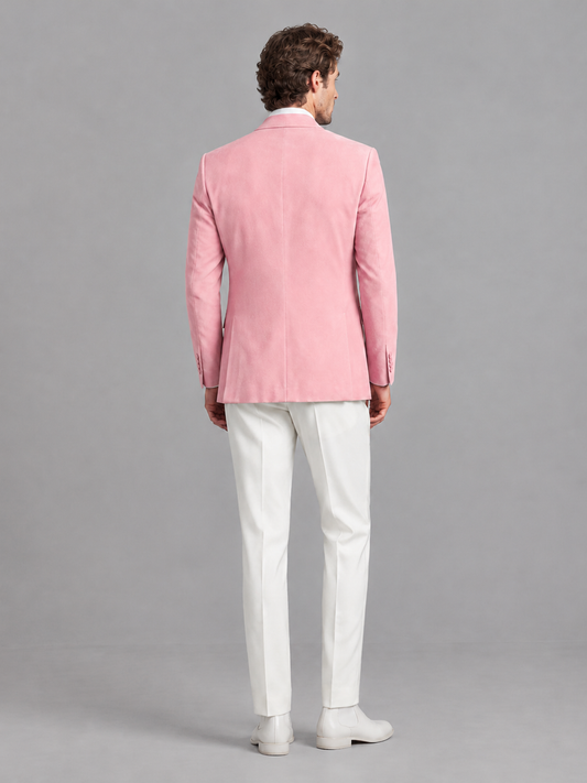 Savile Men's Pink Velvet Shawl Lapel 2-Piece Tuxedo Suit Set | Jacket & White Trousers - Pink - Pink (2)