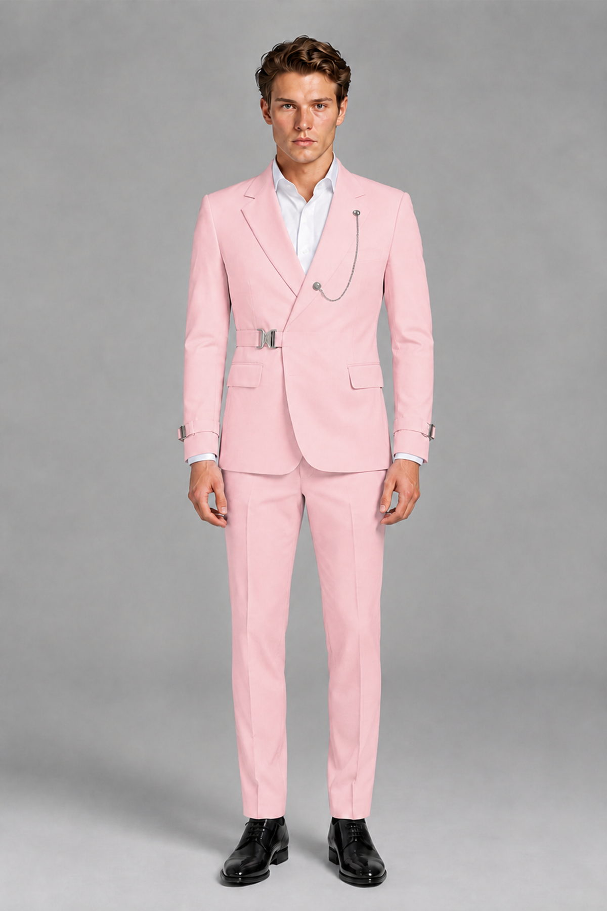 Savile Men's Pink Buckle-Closure 2-Piece Suit Set | Peak Lapel Blazer & Trousers - Pink