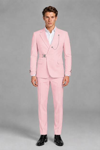 Savile Men's Pink Buckle-Closure 2-Piece Suit Set | Peak Lapel Blazer & Trousers - Pink