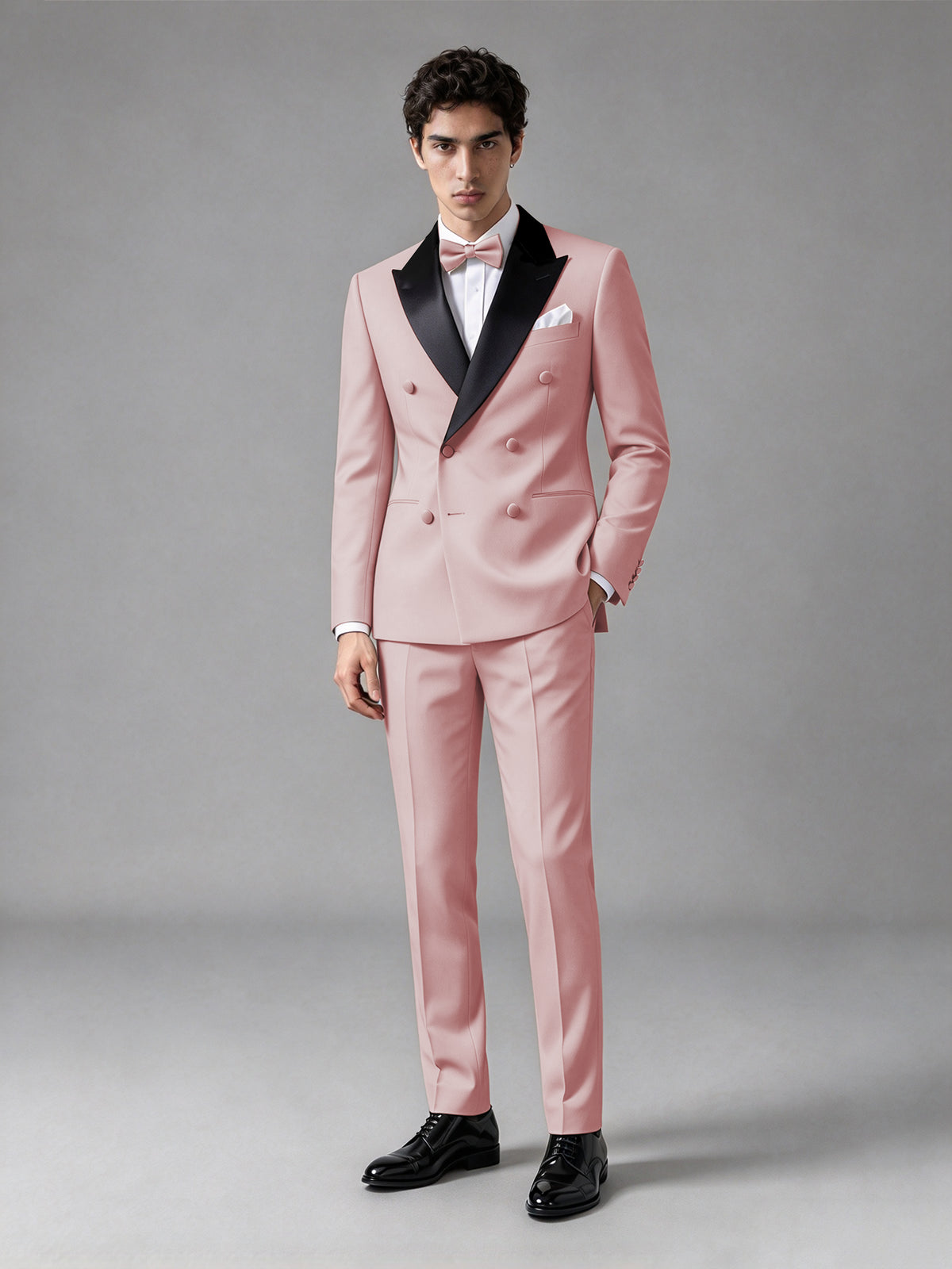 Men's Pink Double-Breasted Satin Peak Lapel Tuxedo Suit Set (Jacket + Trousers) - Pink
