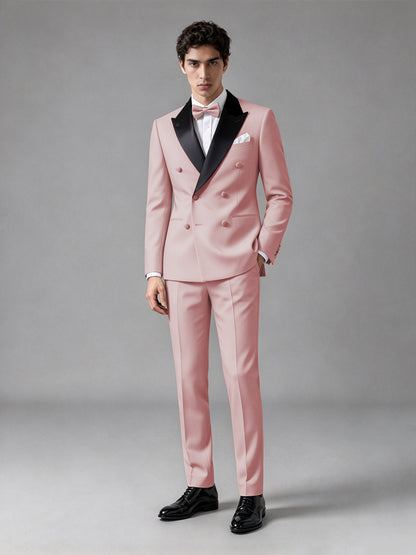 Men's Pink Double-Breasted Satin Peak Lapel Tuxedo Suit Set (Jacket + Trousers) - Pink