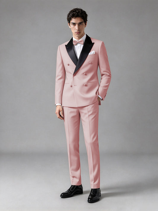 Men's Pink Double-Breasted Satin Peak Lapel Tuxedo Suit Set (Jacket + Trousers) - Pink
