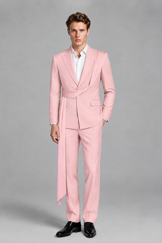 Men's Pink Draped Sash Suit – Peak Lapel 2-Piece Slim Fit Party, Gala & Wedding Set - Pink