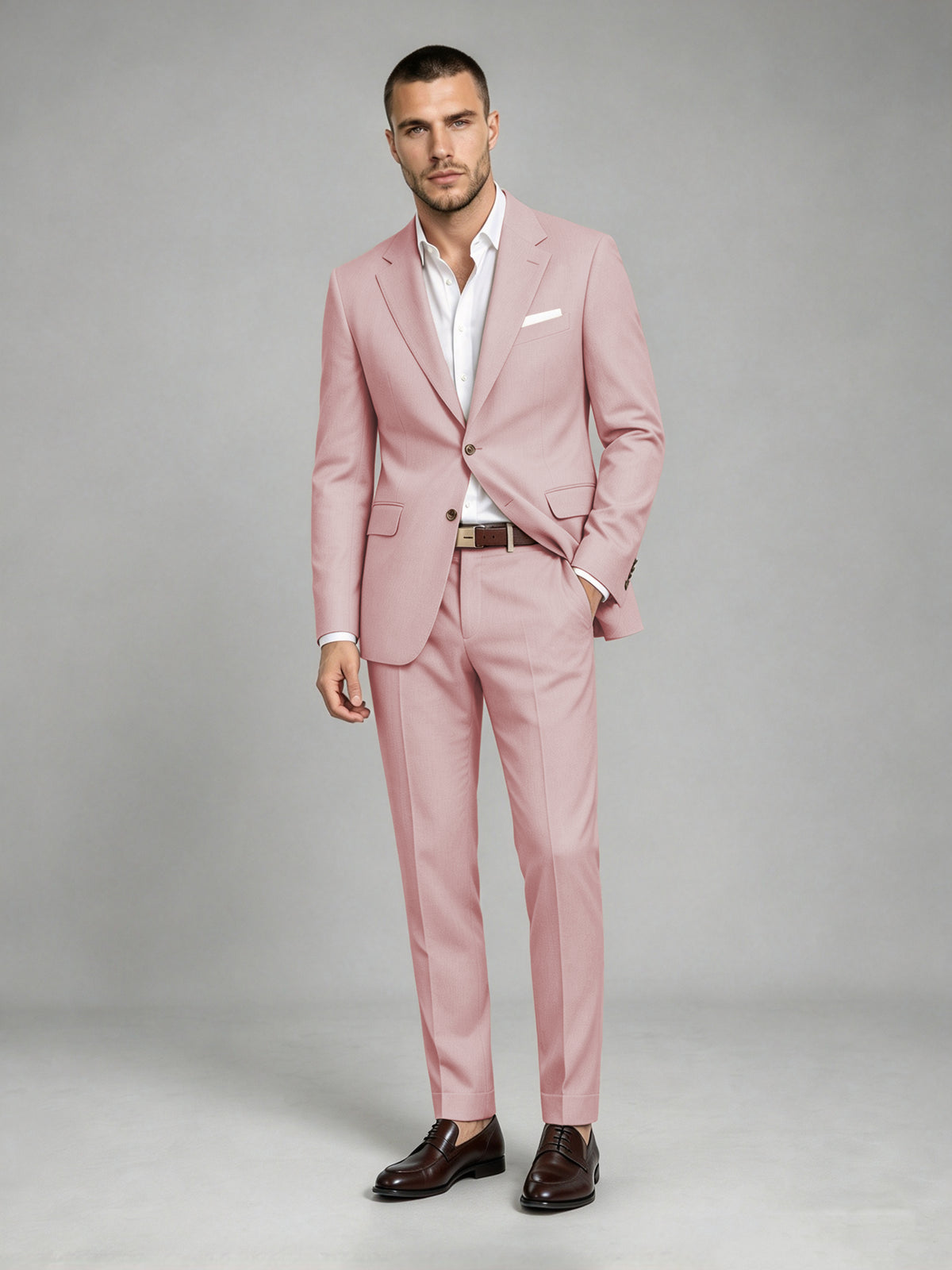 Savile Men's Dark Pink Wool-Blend 2-Piece Suit Set – Two-Button Notch Lapel Slim-Fit Blazer & Turn-Up Trousers - Pink