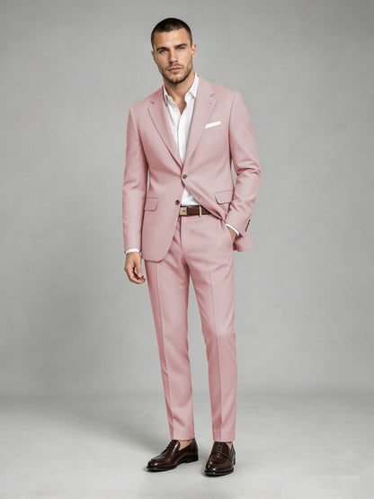Savile Men's Dark Pink Wool-Blend 2-Piece Suit Set – Two-Button Notch Lapel Slim-Fit Blazer & Turn-Up Trousers - Pink