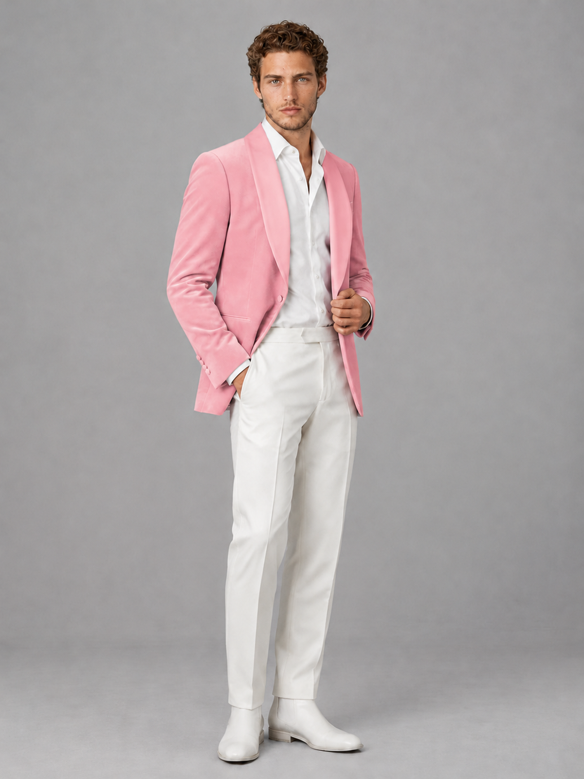 Savile Men's Pink Velvet Shawl Lapel 2-Piece Tuxedo Suit Set | Jacket & White Trousers - Pink - Pink (3)