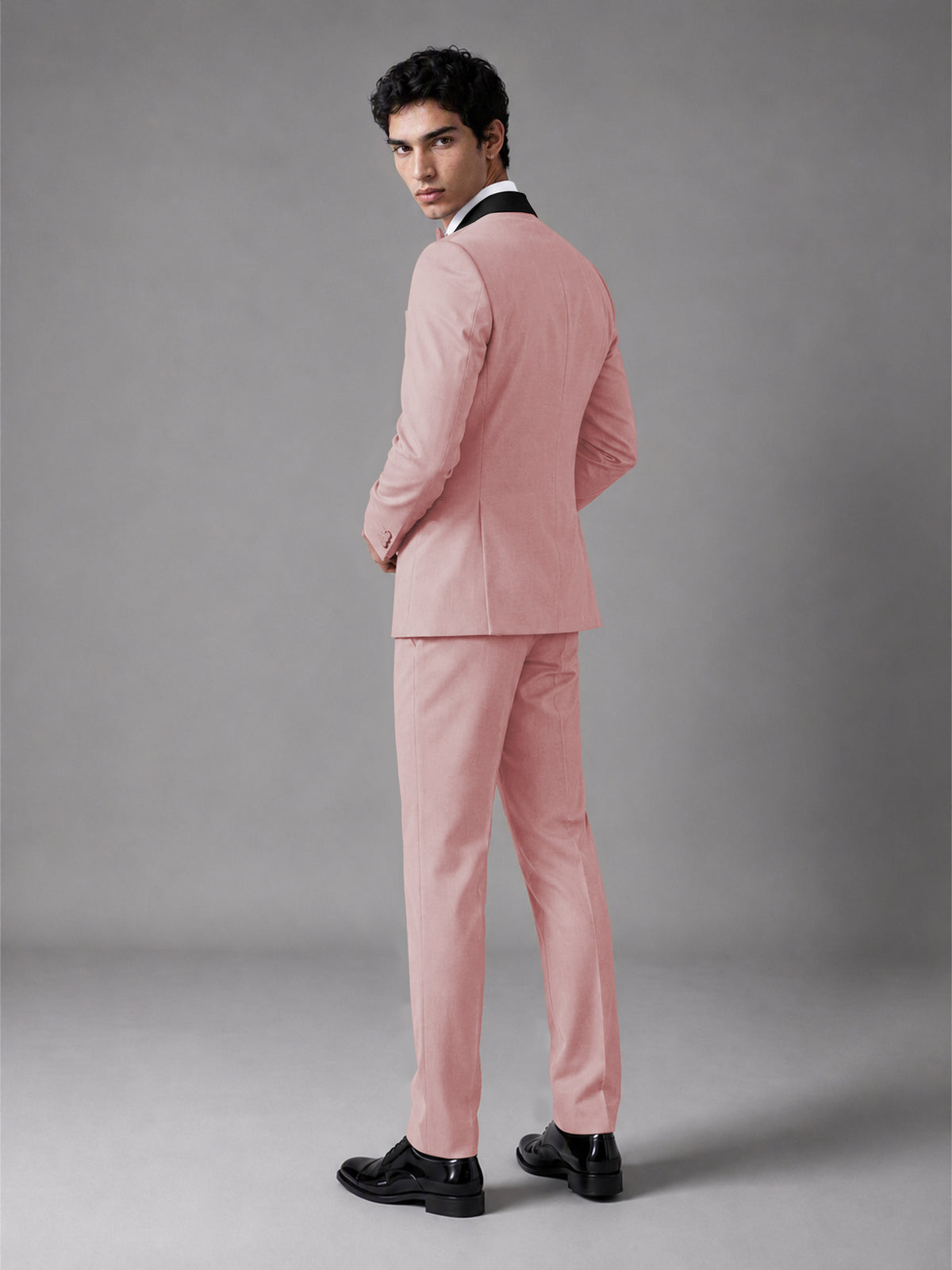Men's Pink Double-Breasted Satin Peak Lapel Tuxedo Suit Set (Jacket + Trousers) - Pink