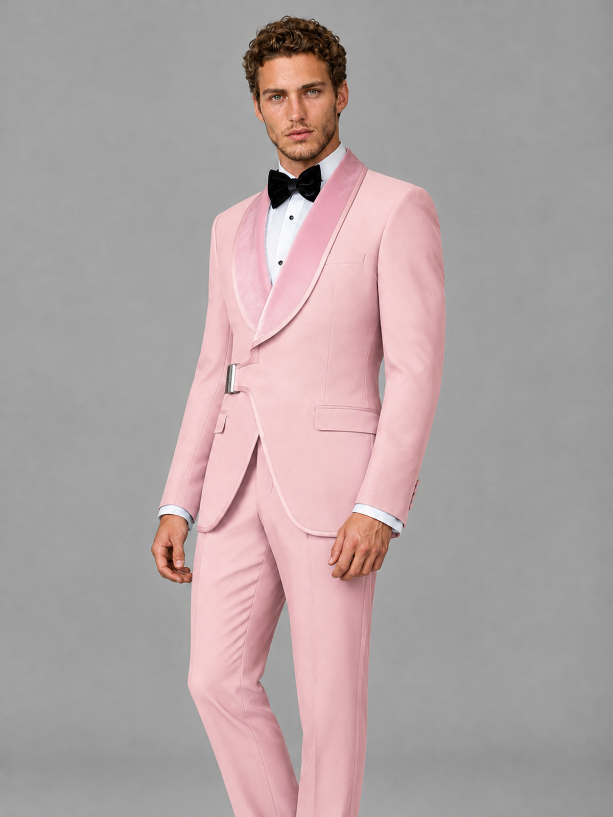 Savile Men's Pink Velvet Shawl Lapel Tuxedo Suit – Modern Side-Buckle Dinner Jacket & Trousers 2-Piece Set - Pink