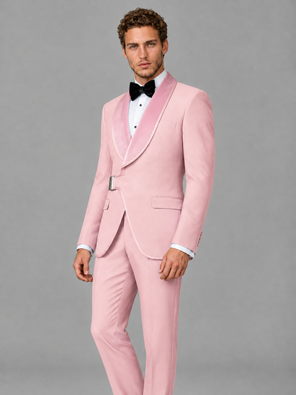 Savile Men's Pink Velvet Shawl Lapel Tuxedo Suit – Modern Side-Buckle Dinner Jacket & Trousers 2-Piece Set - Pink