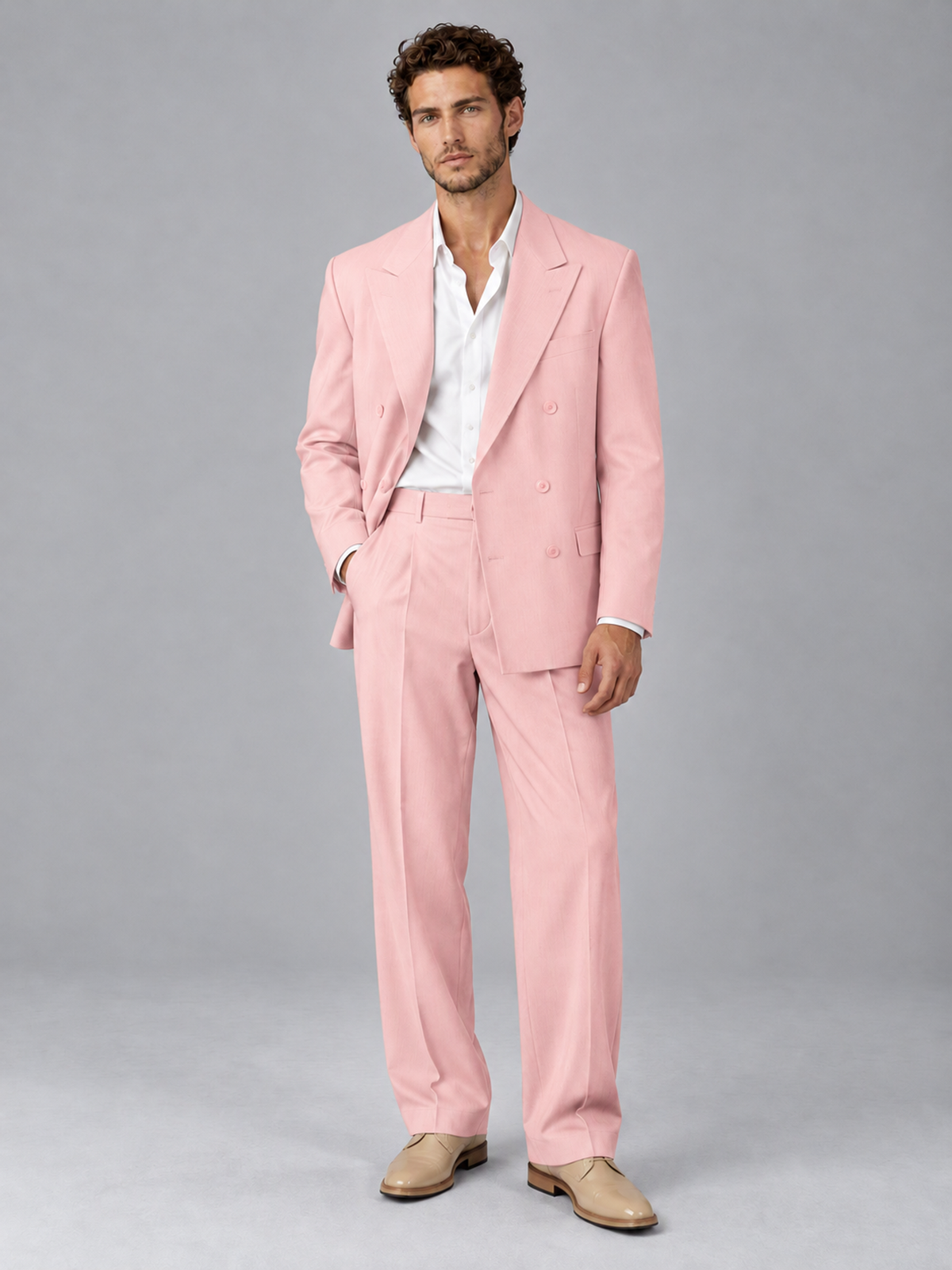 Savile Pink Beige Double-Breasted 2-Piece Suit with Peak Lapel - Pink