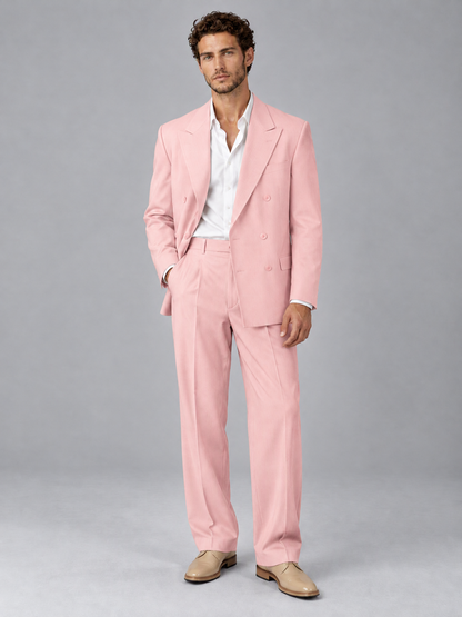 Savile Pink Beige Double-Breasted 2-Piece Suit with Peak Lapel - Pink