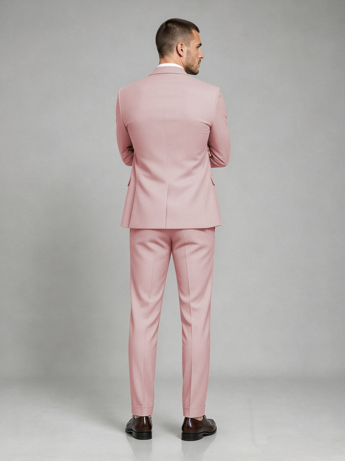 Savile Men's Dark Pink Wool-Blend 2-Piece Suit Set – Two-Button Notch Lapel Slim-Fit Blazer & Turn-Up Trousers - Pink