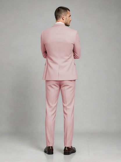 Savile Men's Dark Pink Wool-Blend 2-Piece Suit Set – Two-Button Notch Lapel Slim-Fit Blazer & Turn-Up Trousers - Pink