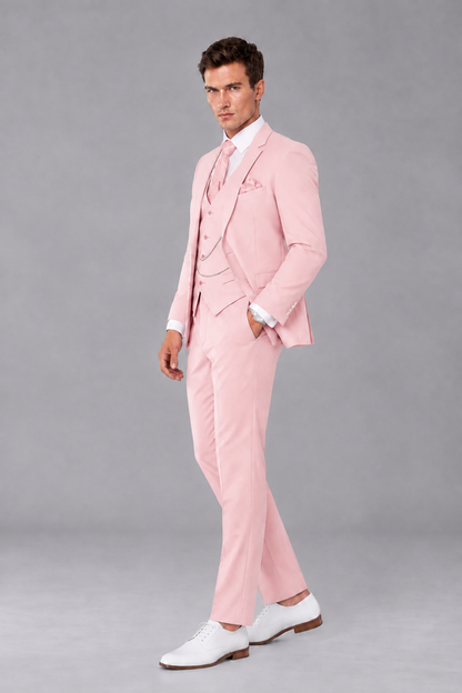 Savile Pink 3-Piece Suit with Notch Lapel & Chain Vest - Pink