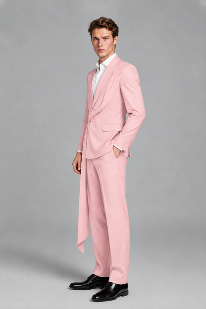 Men's Pink Draped Sash Suit – Peak Lapel 2-Piece Slim Fit Party, Gala & Wedding Set - Pink
