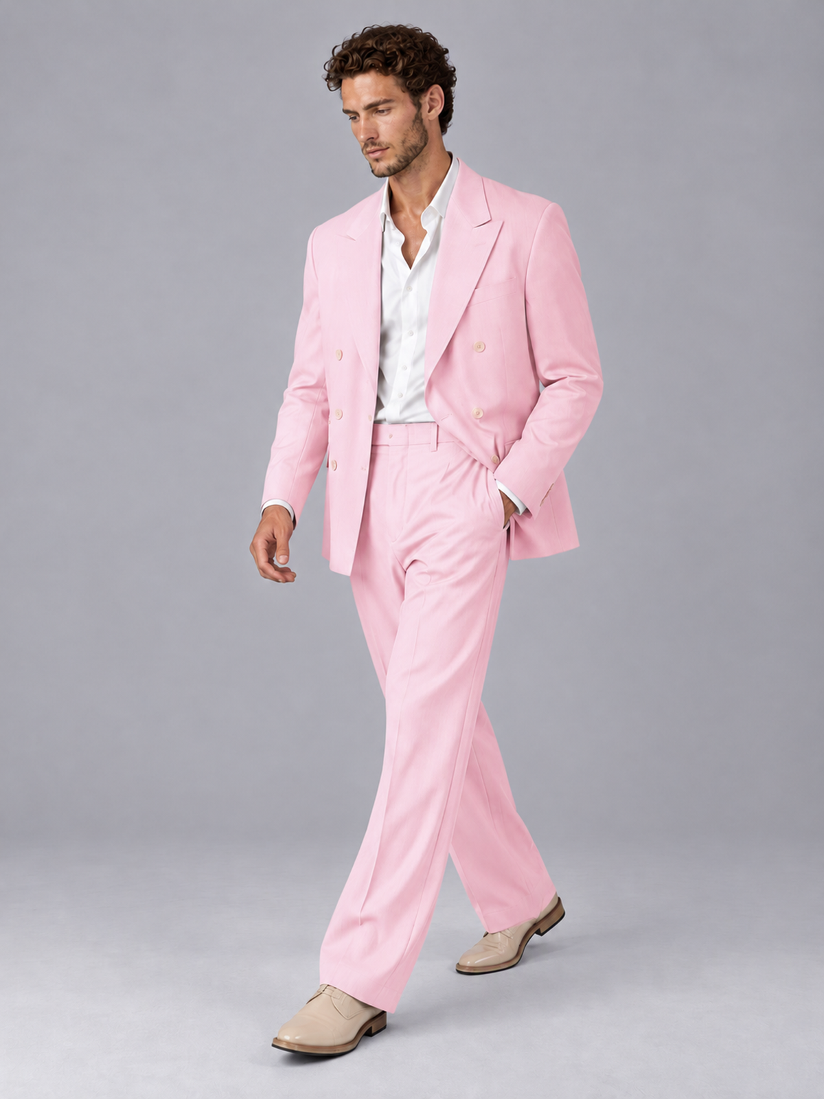 Savile Pink Beige Double-Breasted 2-Piece Suit with Peak Lapel - Pink