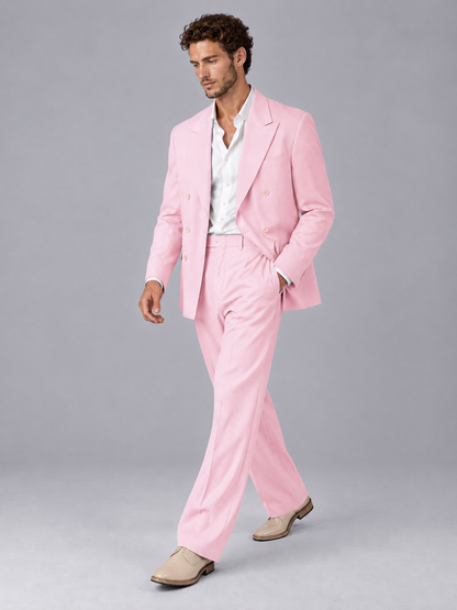Savile Pink Beige Double-Breasted 2-Piece Suit with Peak Lapel - Pink
