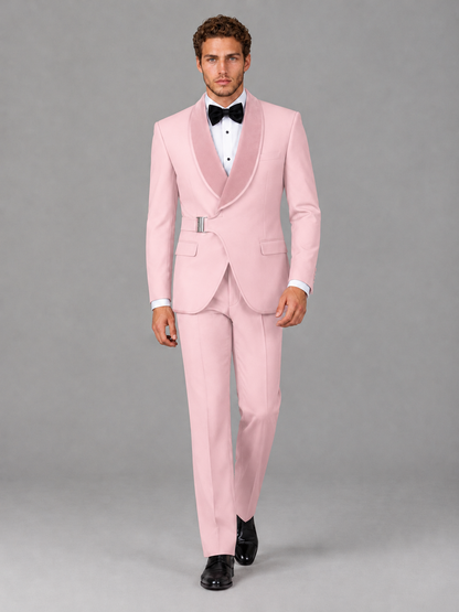 Savile Men's Pink Velvet Shawl Lapel Tuxedo Suit – Modern Side-Buckle Dinner Jacket & Trousers 2-Piece Set - Pink