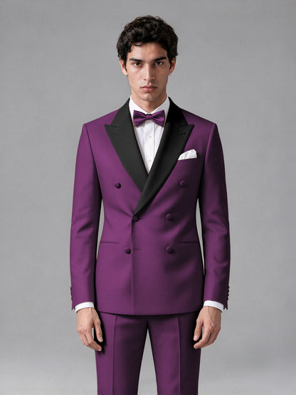 Men's Pink Double-Breasted Satin Peak Lapel Tuxedo Suit Set (Jacket + Trousers) - Pink