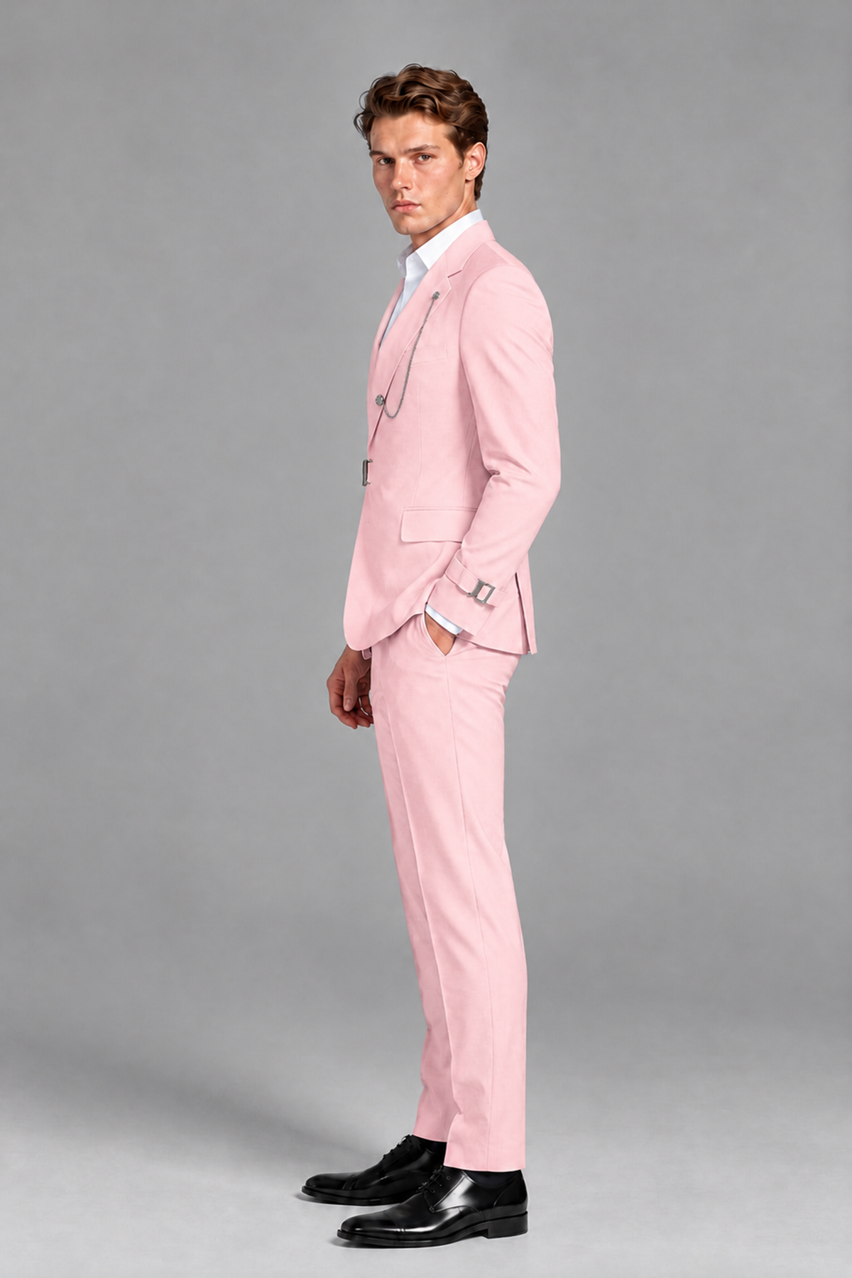 Savile Men's Pink Buckle-Closure 2-Piece Suit Set | Peak Lapel Blazer & Trousers - Pink