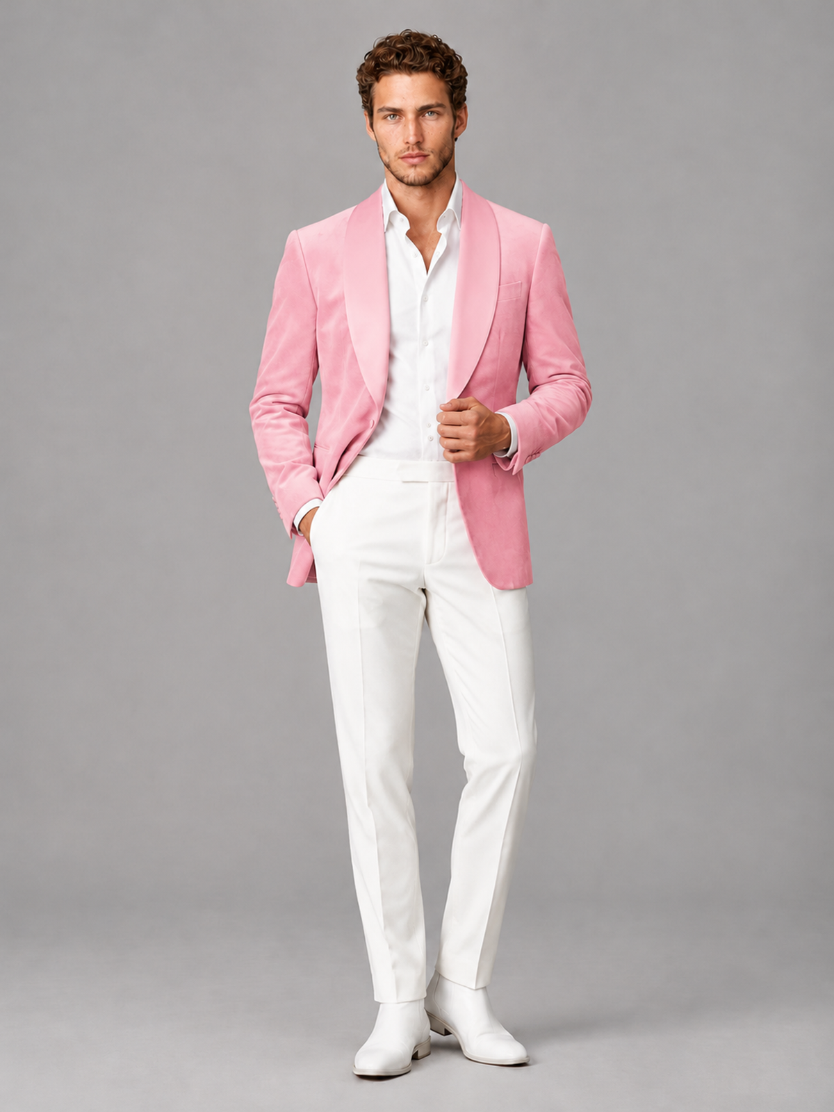 Savile Men's Pink Velvet Shawl Lapel 2-Piece Tuxedo Suit Set | Jacket & White Trousers - Pink - Pink (4)