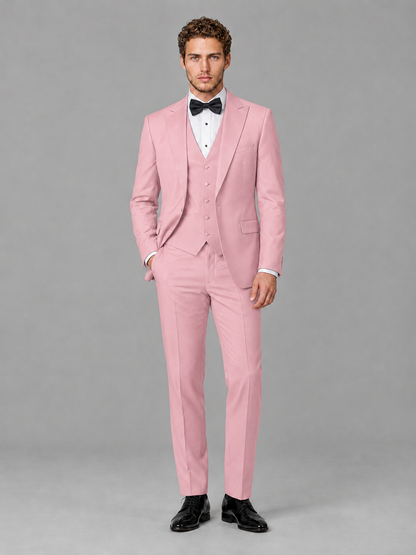 Savile Men's Pink Peak Lapel 3-Piece Tuxedo Suit | Jacket, Vest & Trousers - Pink