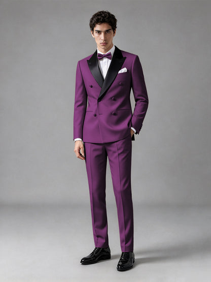 Men's Pink Double-Breasted Satin Peak Lapel Tuxedo Suit Set (Jacket + Trousers) - Pink