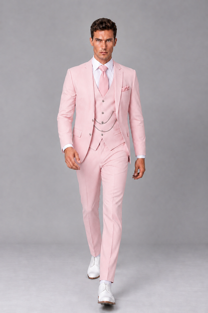 Savile Pink 3-Piece Suit with Notch Lapel & Chain Vest - Pink