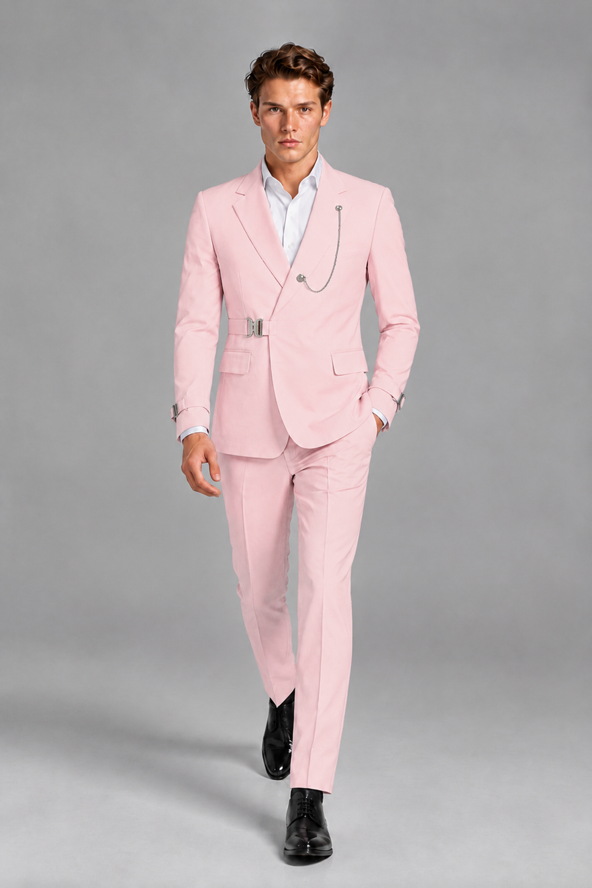 Savile Men's Pink Buckle-Closure 2-Piece Suit Set | Peak Lapel Blazer & Trousers - Pink