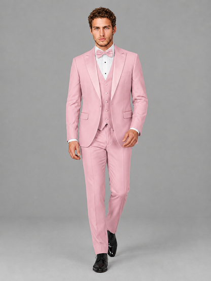 Savile Men's Pink Peak Lapel 3-Piece Tuxedo Suit | Jacket, Vest & Trousers - Pink