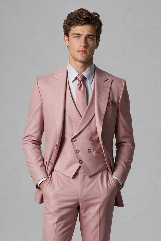 Front full-length view of Savile dusty pink three-piece suit with jacket vest and trousers