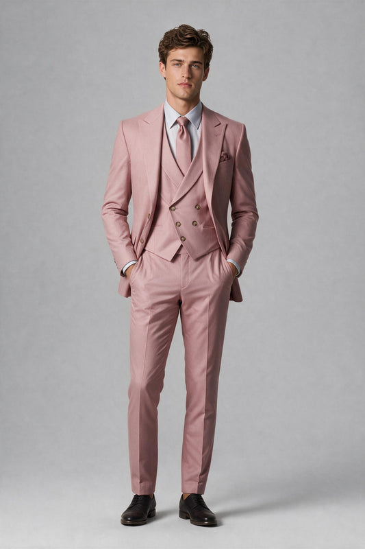 Close-up of dusty pink jacket and double-breasted vest