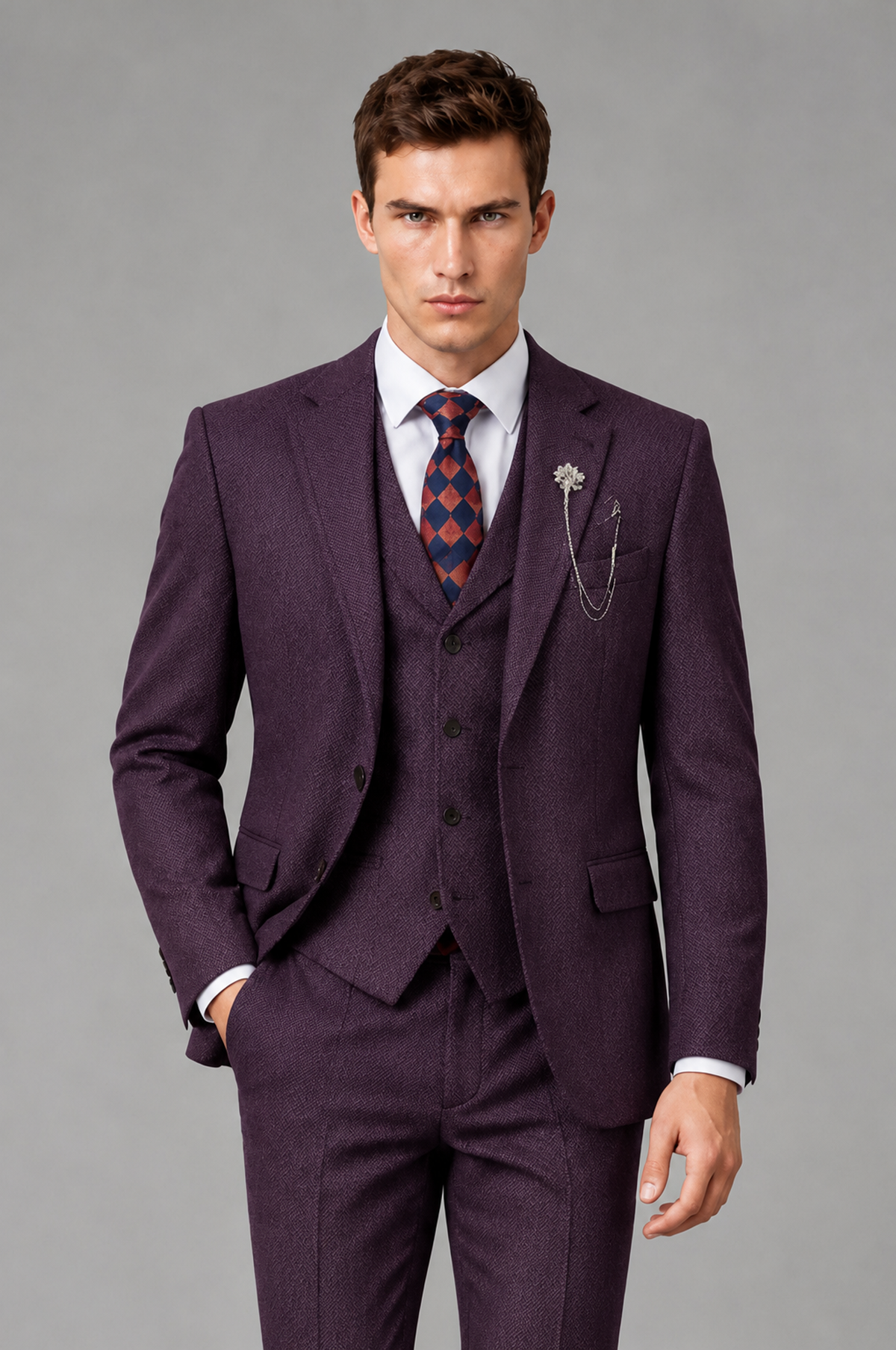 Savile Men's Grey Notch Lapel 3-Piece Suit Set | Jacket, Vest & Trousers - Plum - Plum