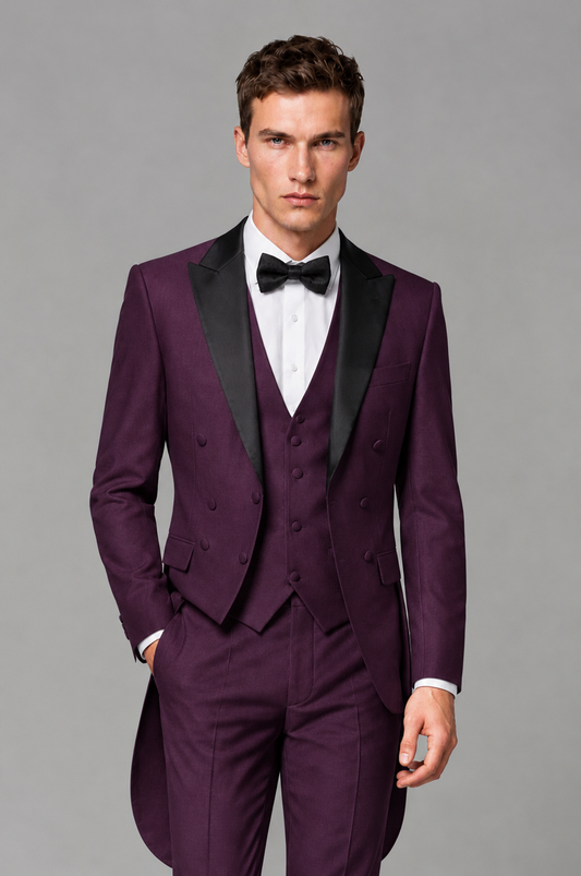 Savile Plum 3-Piece Tailcoat Tuxedo Suit with Black Peak Lapel - Plum - Plum_01