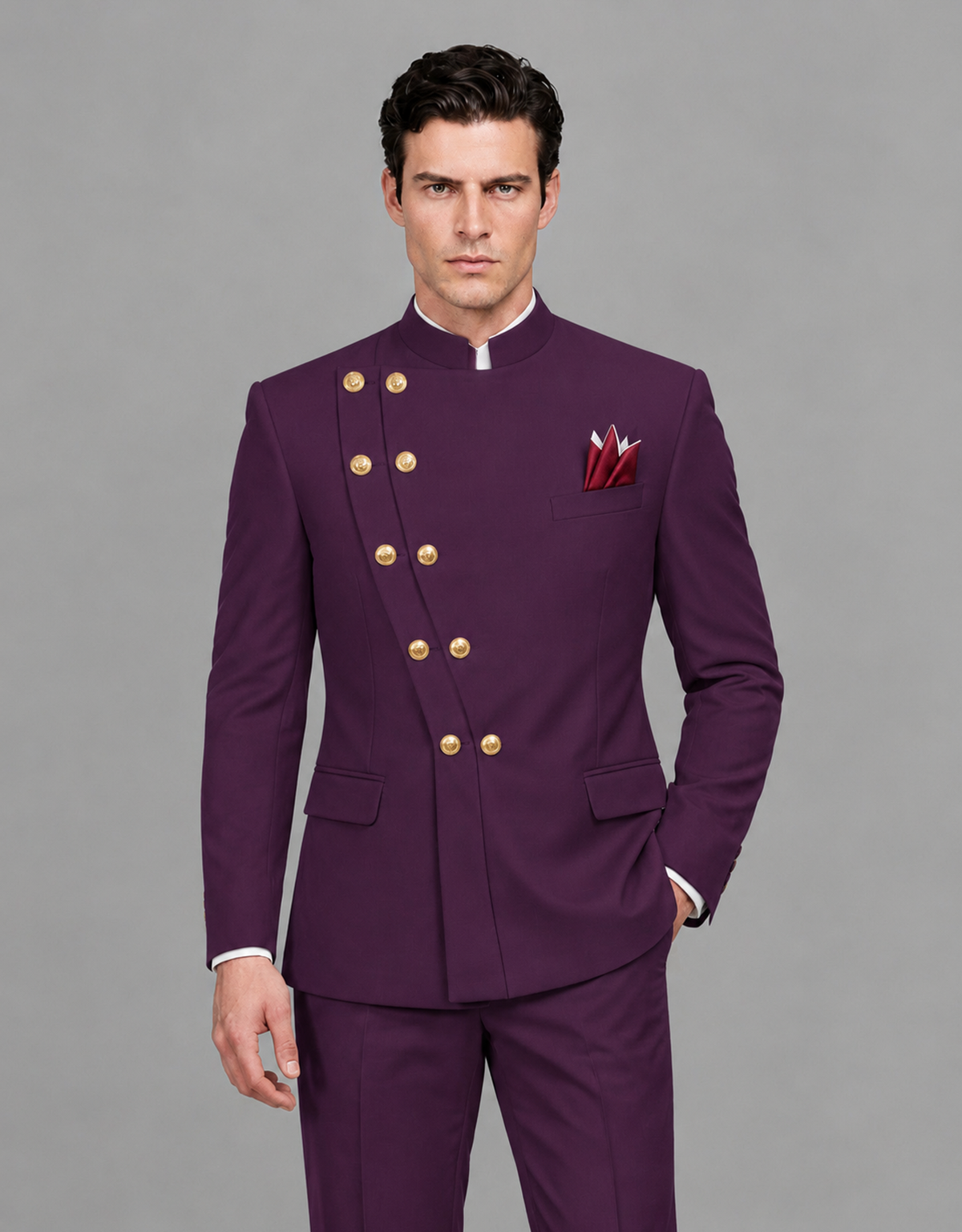 BOLODOO Men's Plum Asymmetrical Mandarin Collar Tuxedo Suit – Modern 2-Piece Gold Button Wedding, Prom & Gala Set - Plum - Plum_01