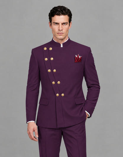 BOLODOO Men's Plum Asymmetrical Mandarin Collar Tuxedo Suit – Modern 2-Piece Gold Button Wedding, Prom & Gala Set - Plum - Plum_01