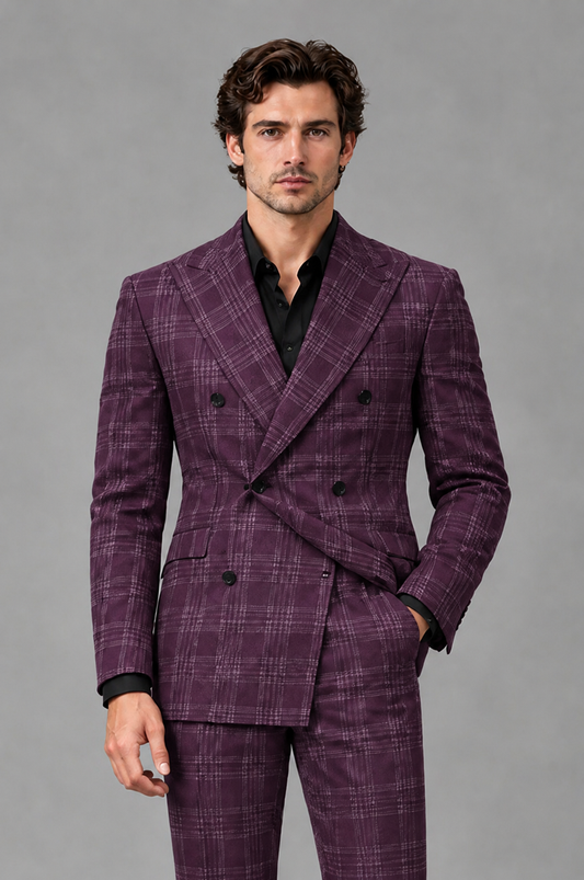 Savile Men's Rust Plaid 2-Piece Double-Breasted Suit – Peak Lapel Slim-Fit Jacket & Trousers Set - Plum - Plum