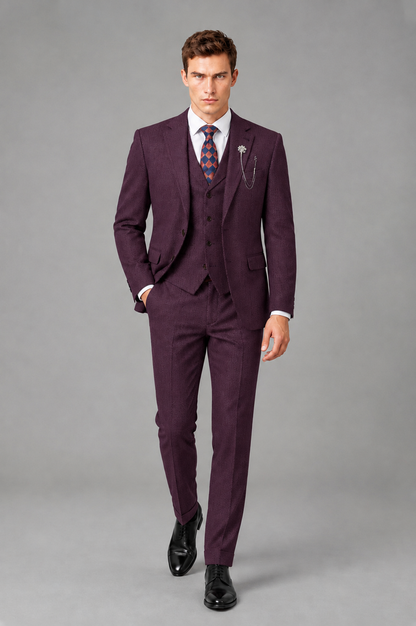 Savile Men's Grey Notch Lapel 3-Piece Suit Set | Jacket, Vest & Trousers - Plum - Plum