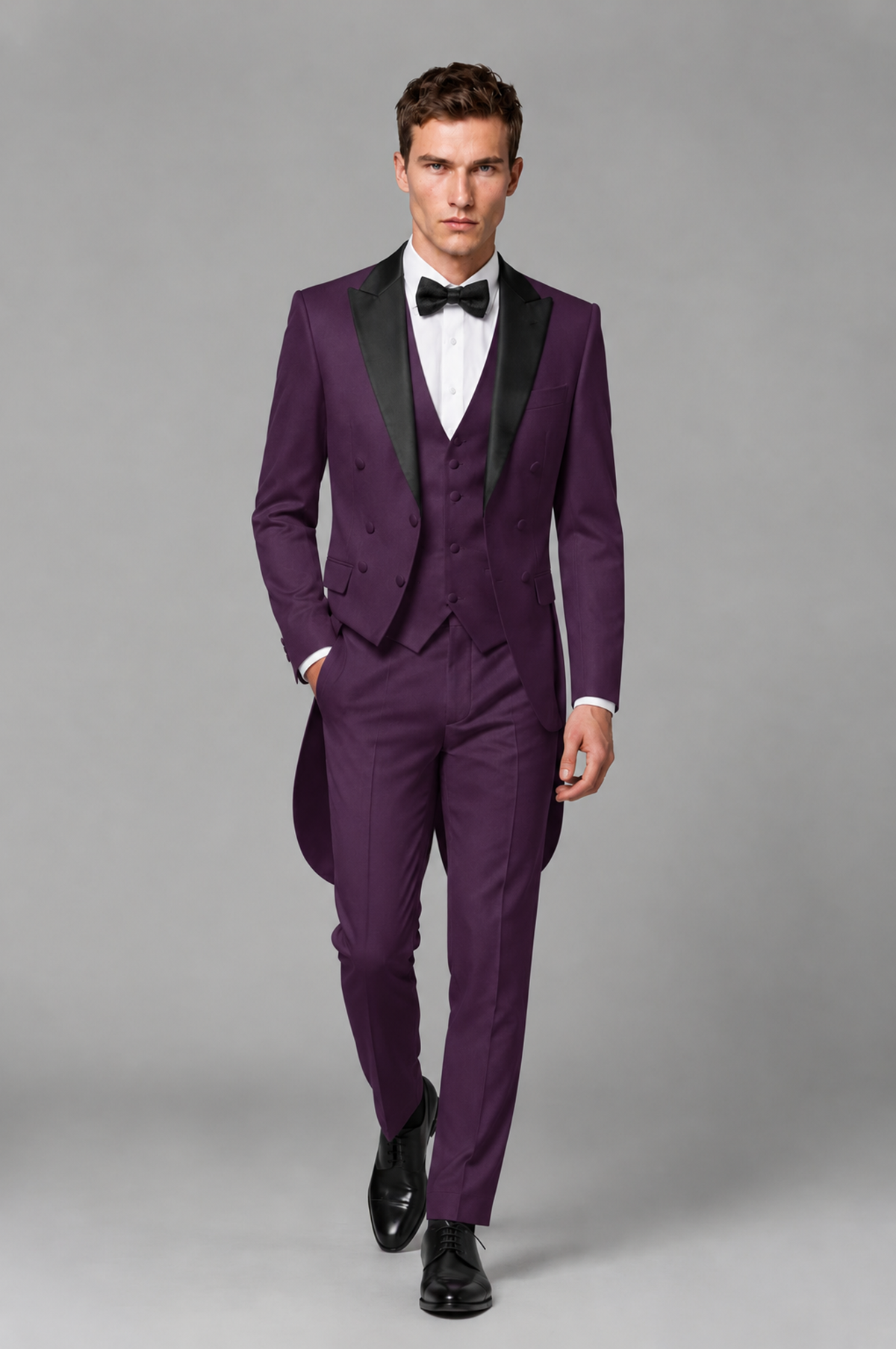 Savile Plum 3-Piece Tailcoat Tuxedo Suit with Black Peak Lapel - Plum - Plum_02