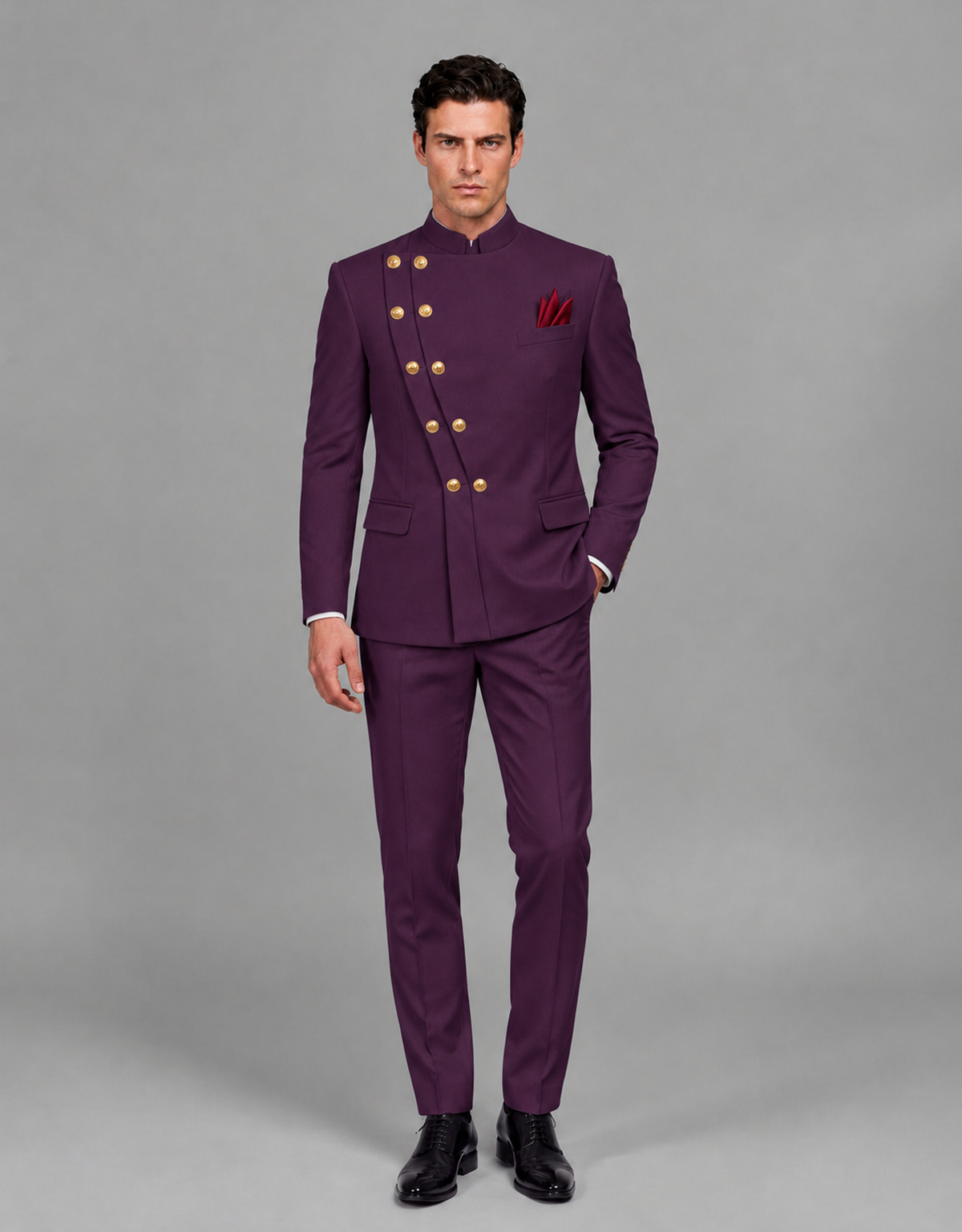BOLODOO Men's Plum Asymmetrical Mandarin Collar Tuxedo Suit – Modern 2-Piece Gold Button Wedding, Prom & Gala Set - Plum - Plum_02