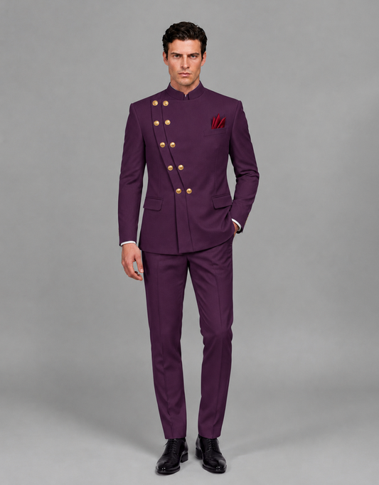 BOLODOO Men's Plum Asymmetrical Mandarin Collar Tuxedo Suit – Modern 2-Piece Gold Button Wedding, Prom & Gala Set - Plum - Plum_02